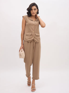 Beige PeterPan Collar Cap Sleeve Button Top-SASSAFRAS worklyf
