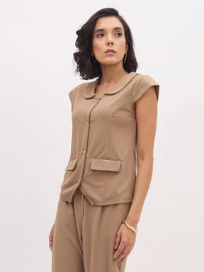 Beige PeterPan Collar Cap Sleeve Button Top-SASSAFRAS worklyf