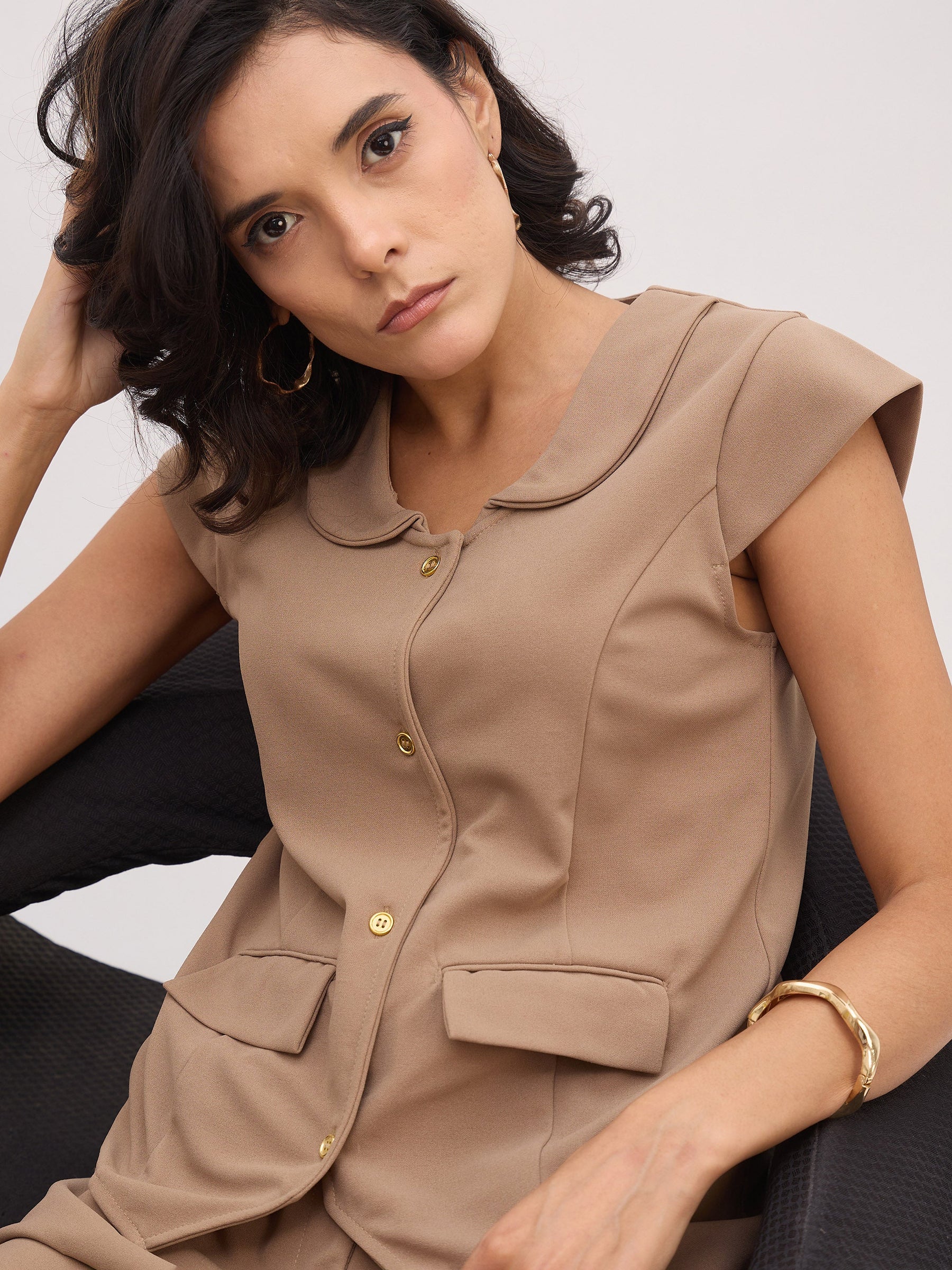 Beige PeterPan Collar Cap Sleeve Button Top-SASSAFRAS worklyf