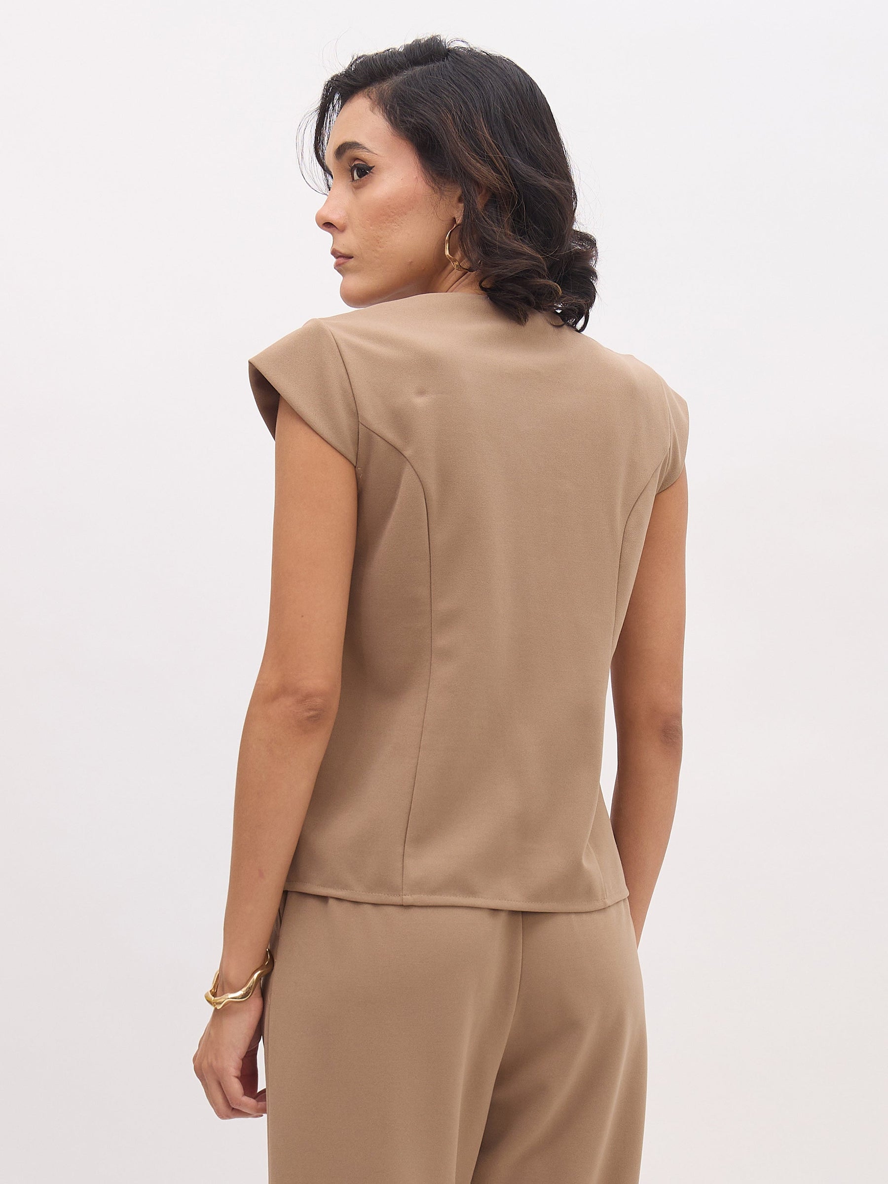 Beige PeterPan Collar Cap Sleeve Button Top-SASSAFRAS worklyf