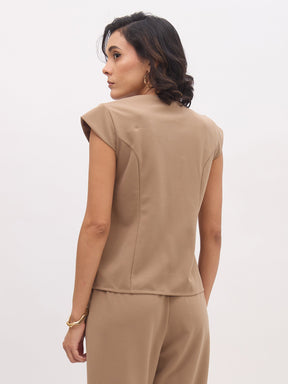 Beige PeterPan Collar Cap Sleeve Button Top-SASSAFRAS worklyf