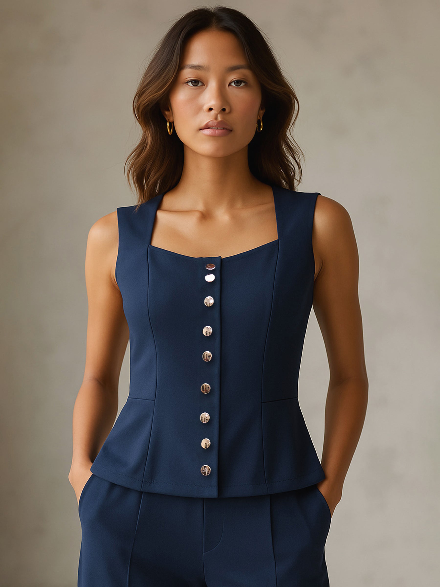 Women Blue Rhombus Neck Sleeveless Front Button Top