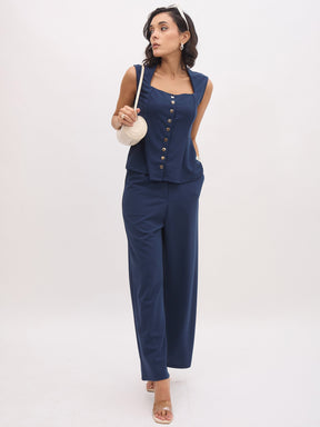 Blue Rhombus Neck Sleeveless Front Button Top-SASSAFRAS worklyf