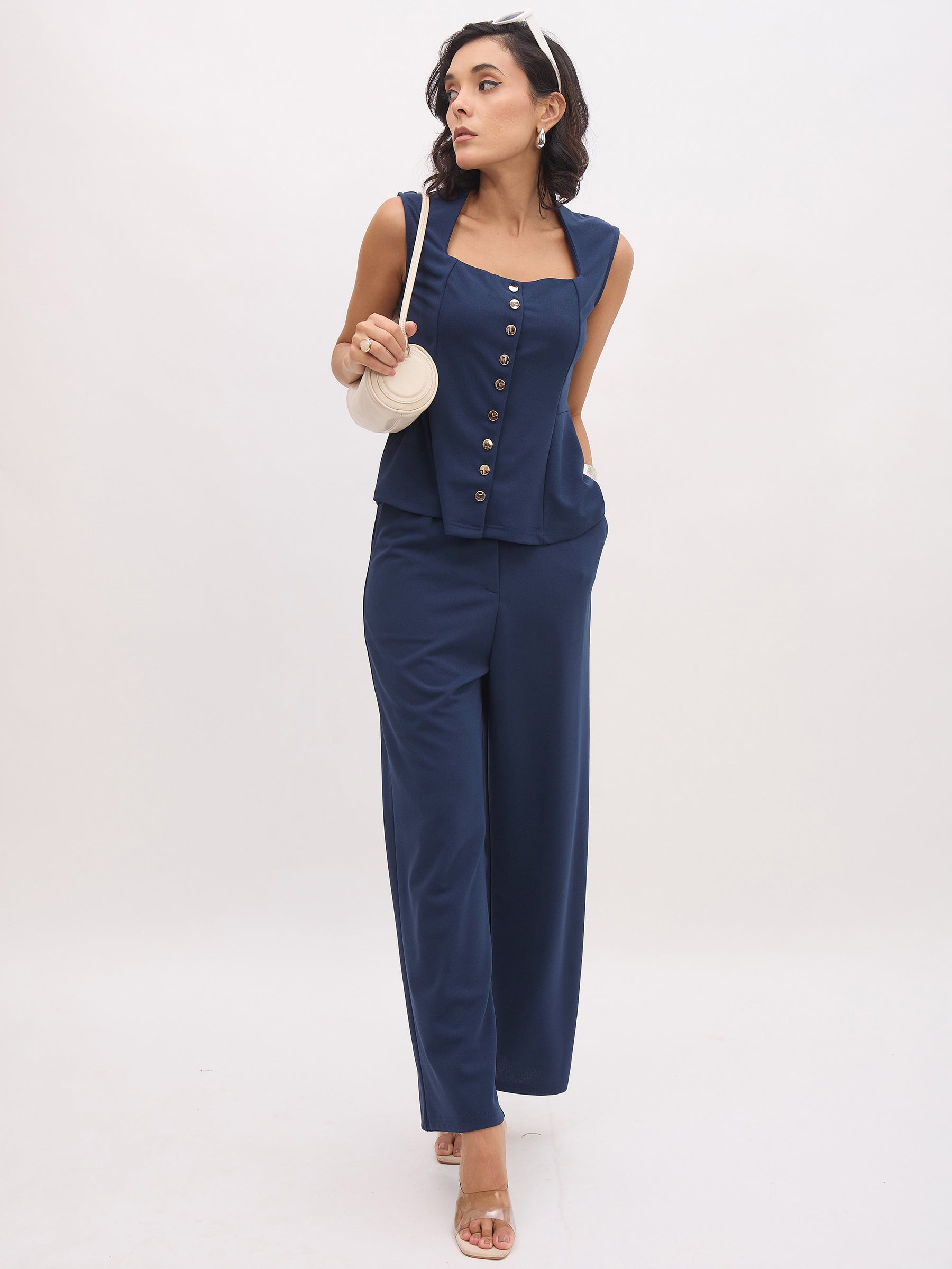 Women Blue Rhombus Neck Sleeveless Front Button Top