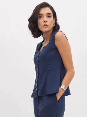 Women Blue Rhombus Neck Sleeveless Front Button Top