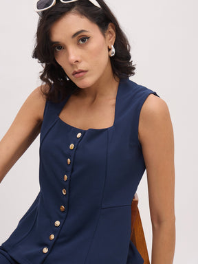 Blue Rhombus Neck Sleeveless Front Button Top-SASSAFRAS worklyf