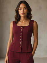 Burgundy Rhombus Neck Sleeveless Front Button Top-SASSAFRAS worklyf