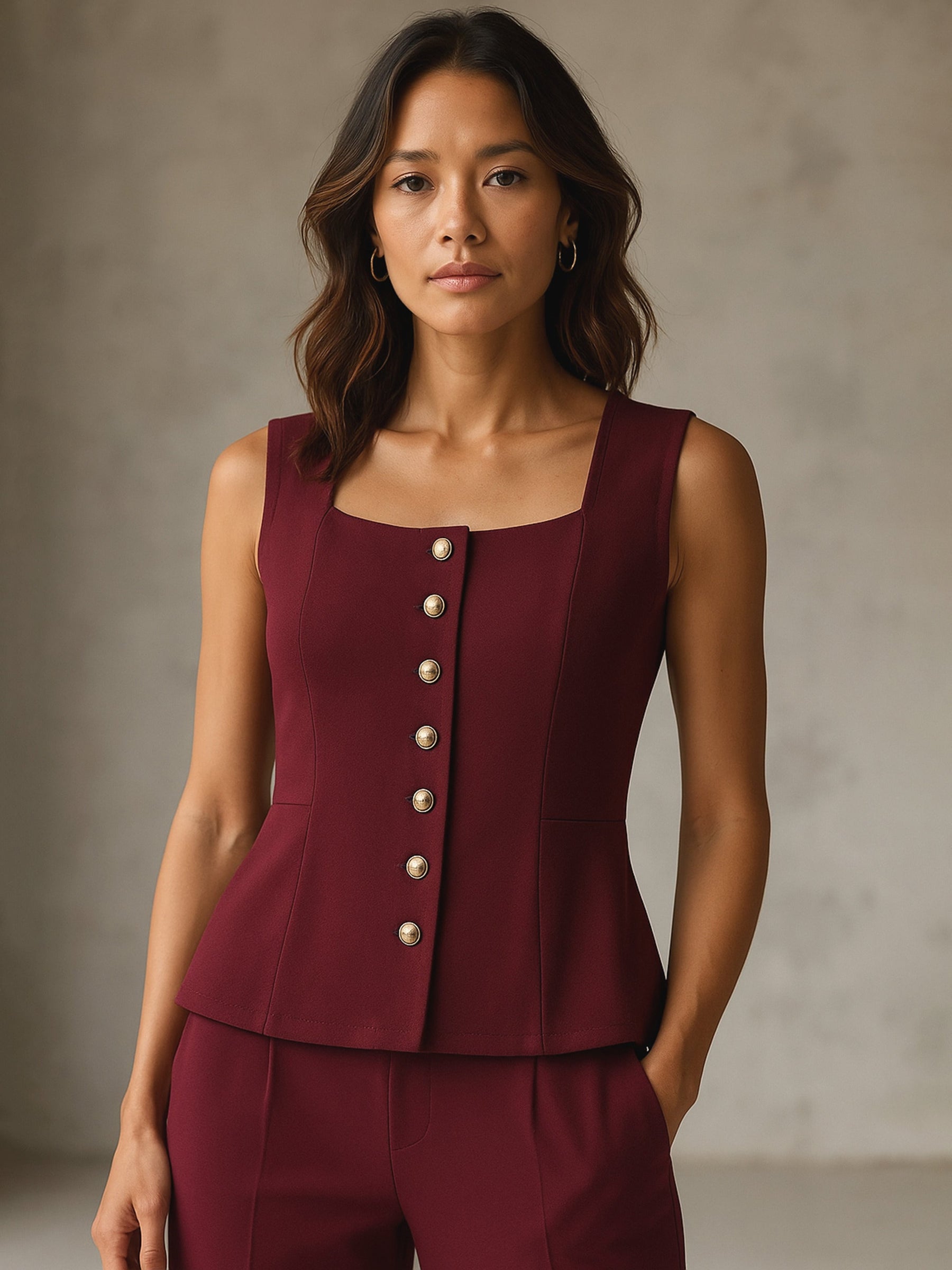 Burgundy Rhombus Neck Sleeveless Front Button Top-SASSAFRAS worklyf