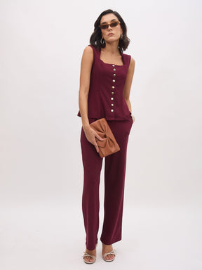 Burgundy Rhombus Neck Sleeveless Front Button Top-SASSAFRAS worklyf