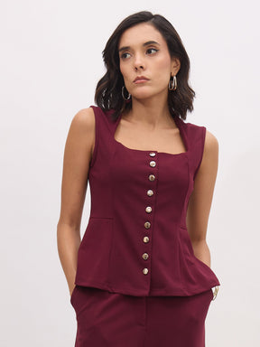 Burgundy Rhombus Neck Sleeveless Front Button Top-SASSAFRAS worklyf