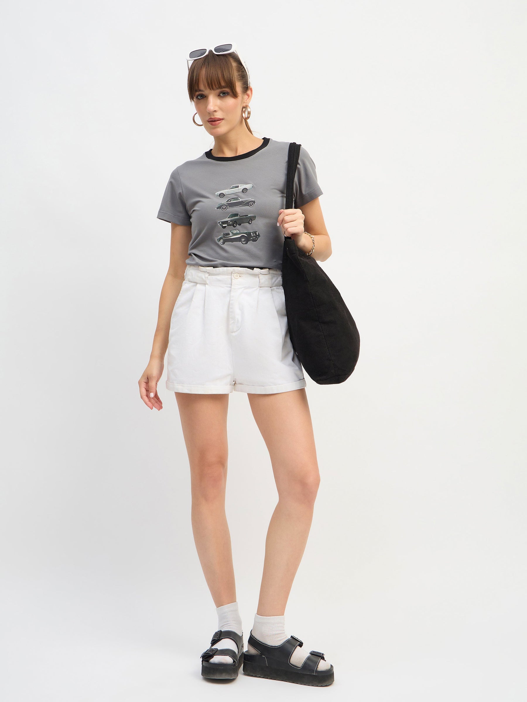 Grey CAR Print Lycra T-Shirt-SASSAFRAS