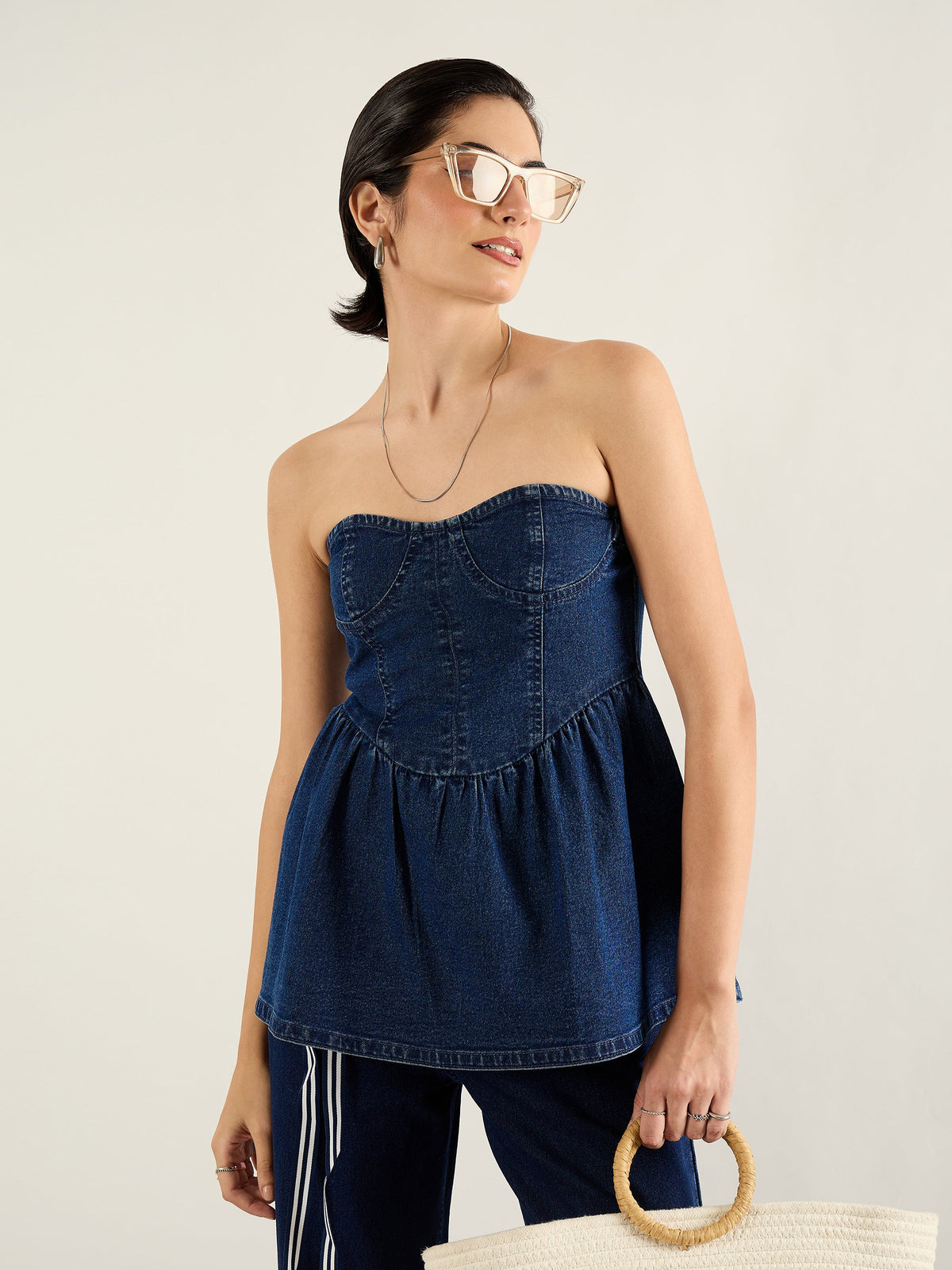 Blue Denim Off Shoulder Peplum Top-SASSAFRAS