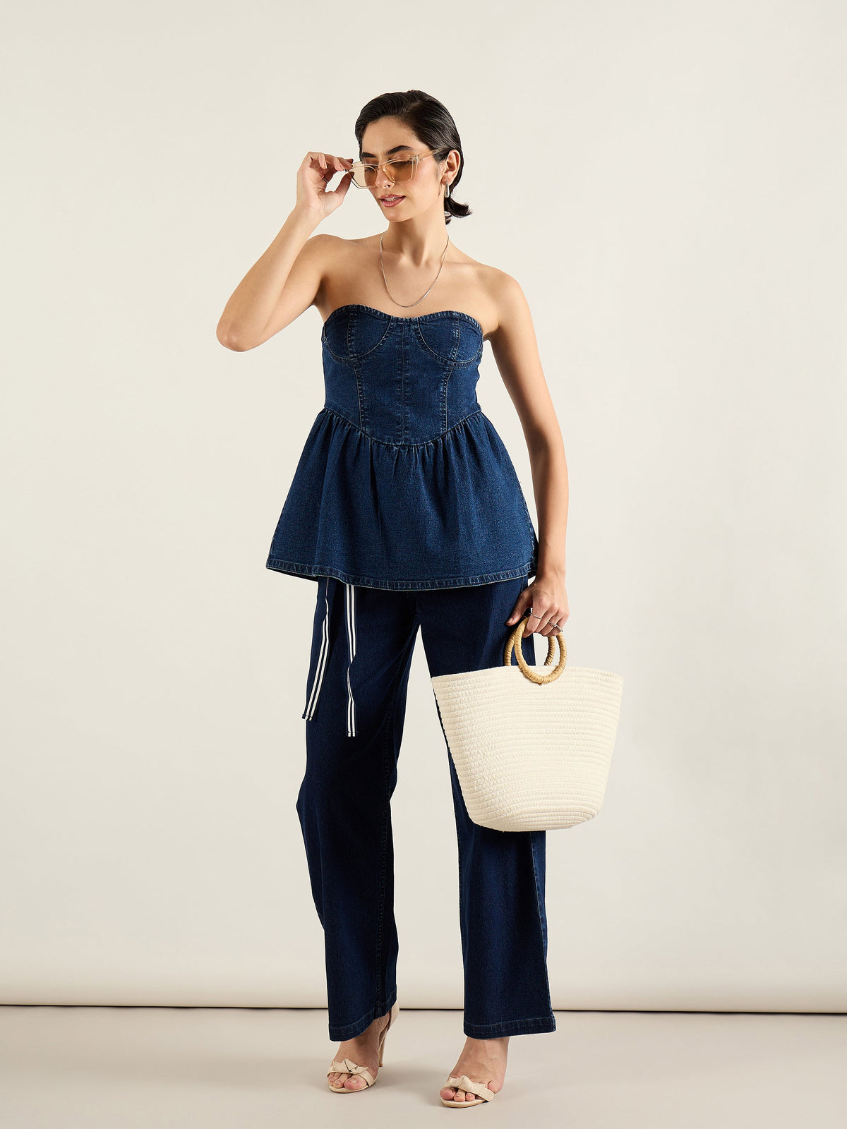 Blue Denim Off Shoulder Peplum Top-SASSAFRAS