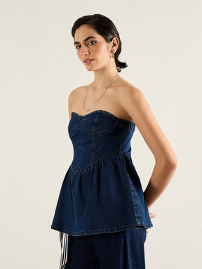 Blue Denim Off Shoulder Peplum Top-SASSAFRAS