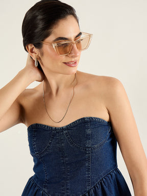 Blue Denim Off Shoulder Peplum Top-SASSAFRAS