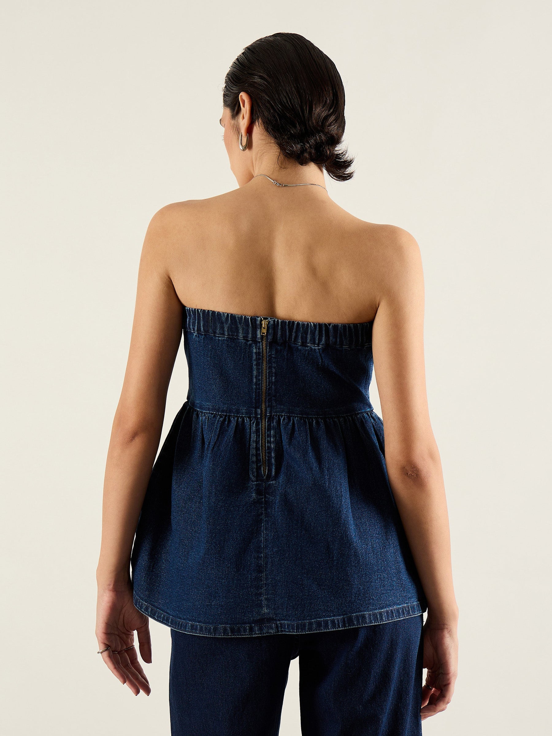 Blue Denim Off Shoulder Peplum Top-SASSAFRAS
