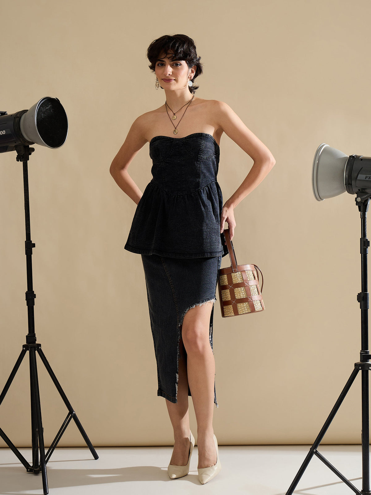 Black Denim Off Shoulder Peplum Top-SASSAFRAS