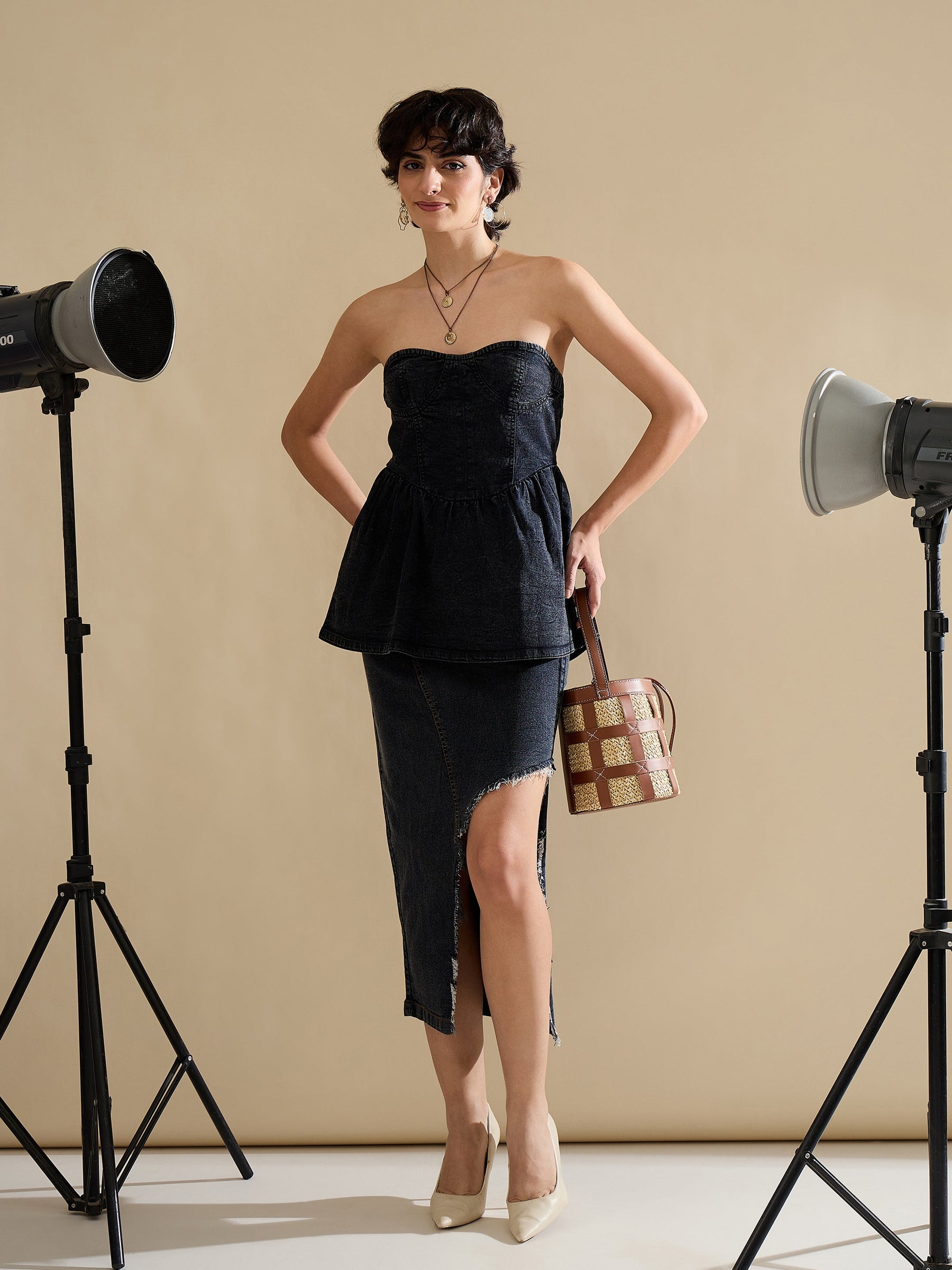 Black Denim Off Shoulder Peplum Top-SASSAFRAS