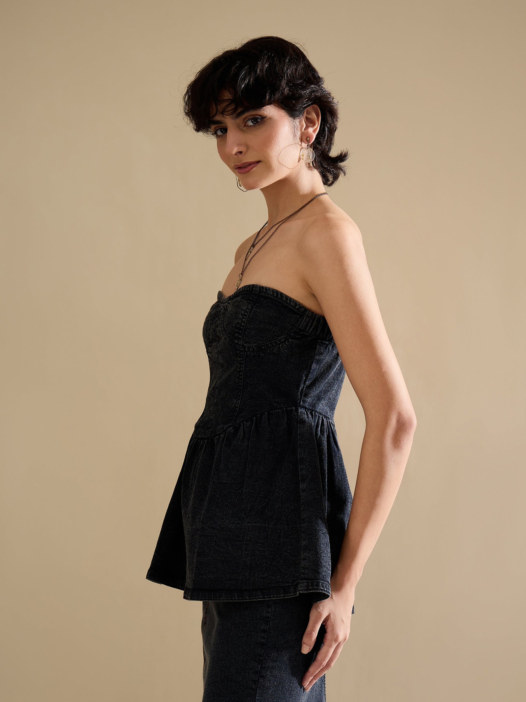 Black Denim Off Shoulder Peplum Top-SASSAFRAS