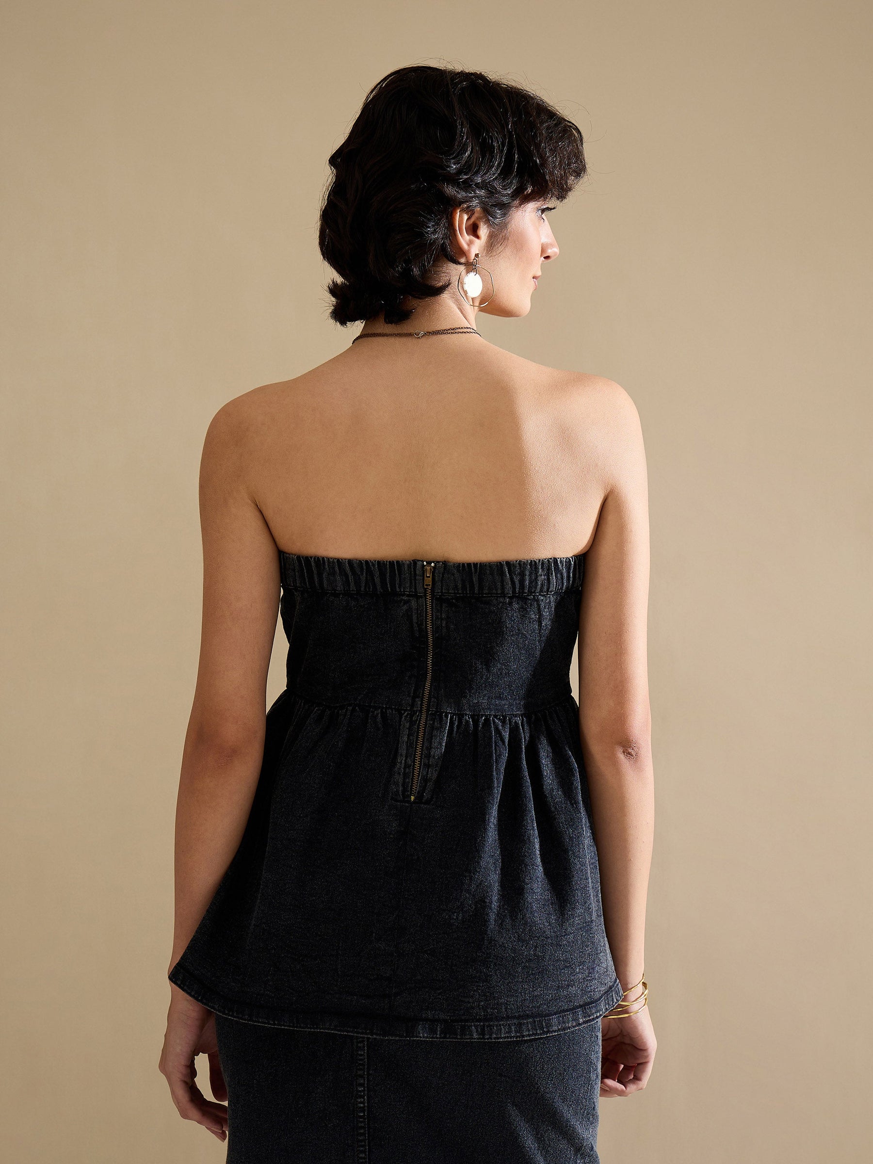 Black Denim Off Shoulder Peplum Top-SASSAFRAS