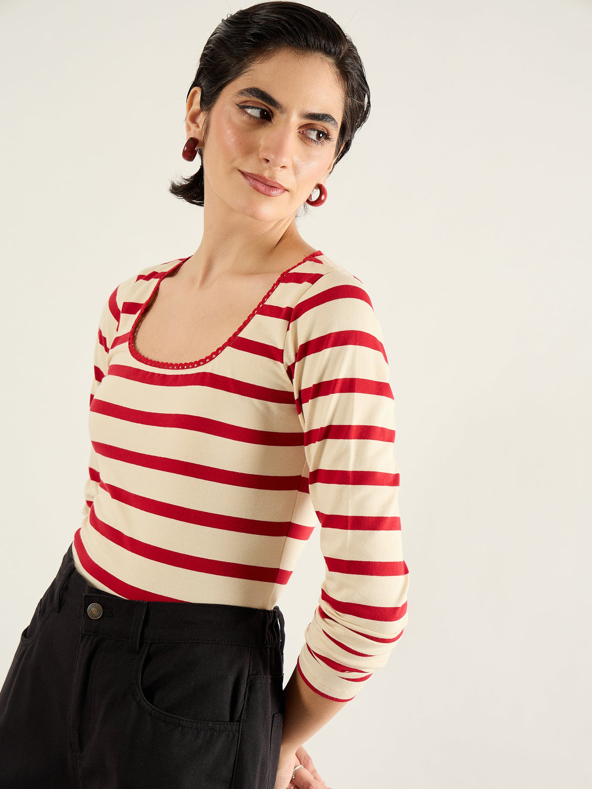 Red & Beige Striped Full Sleeve Top-SASSAFRAS