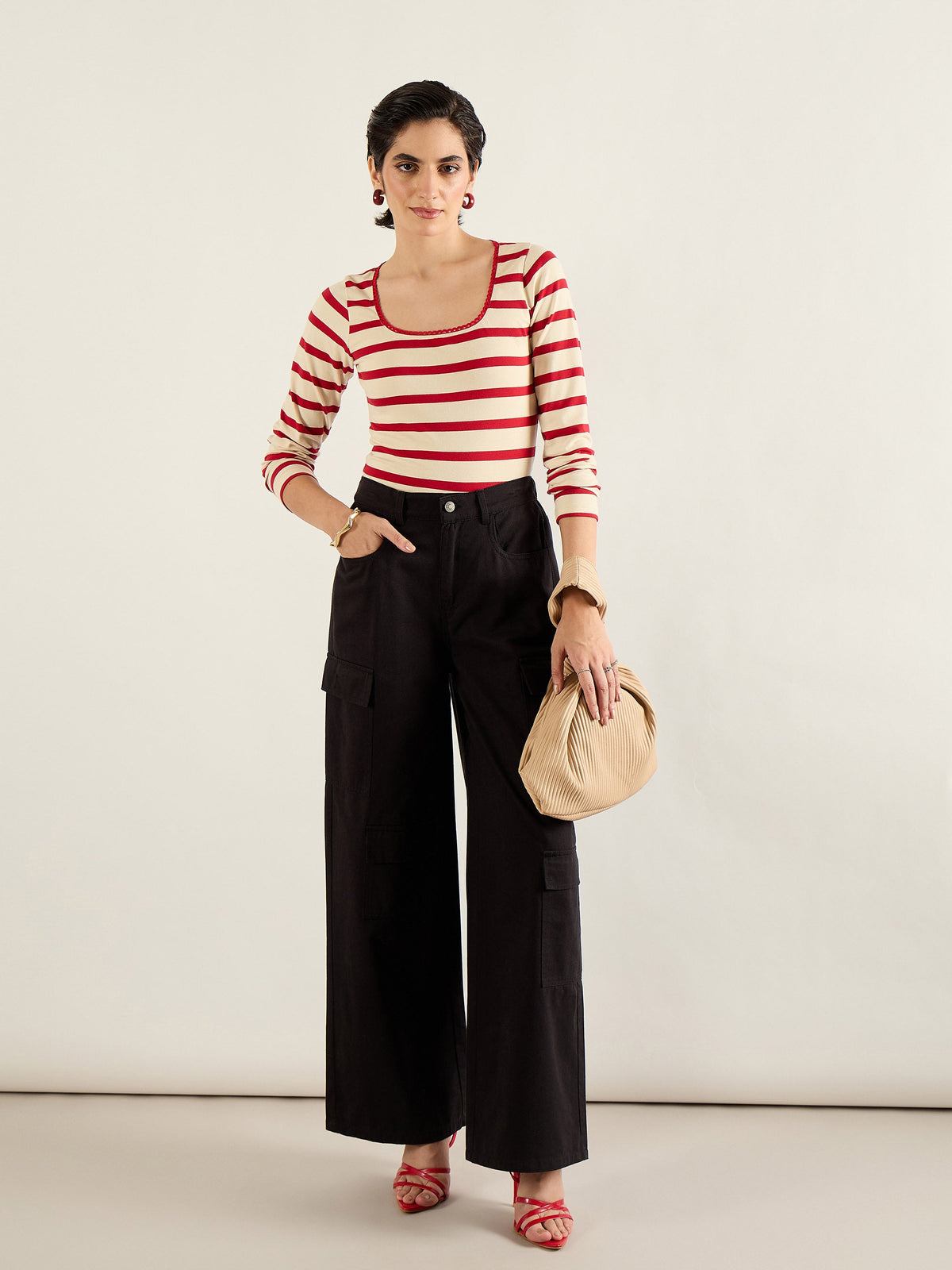 Red & Beige Striped Full Sleeve Top-SASSAFRAS