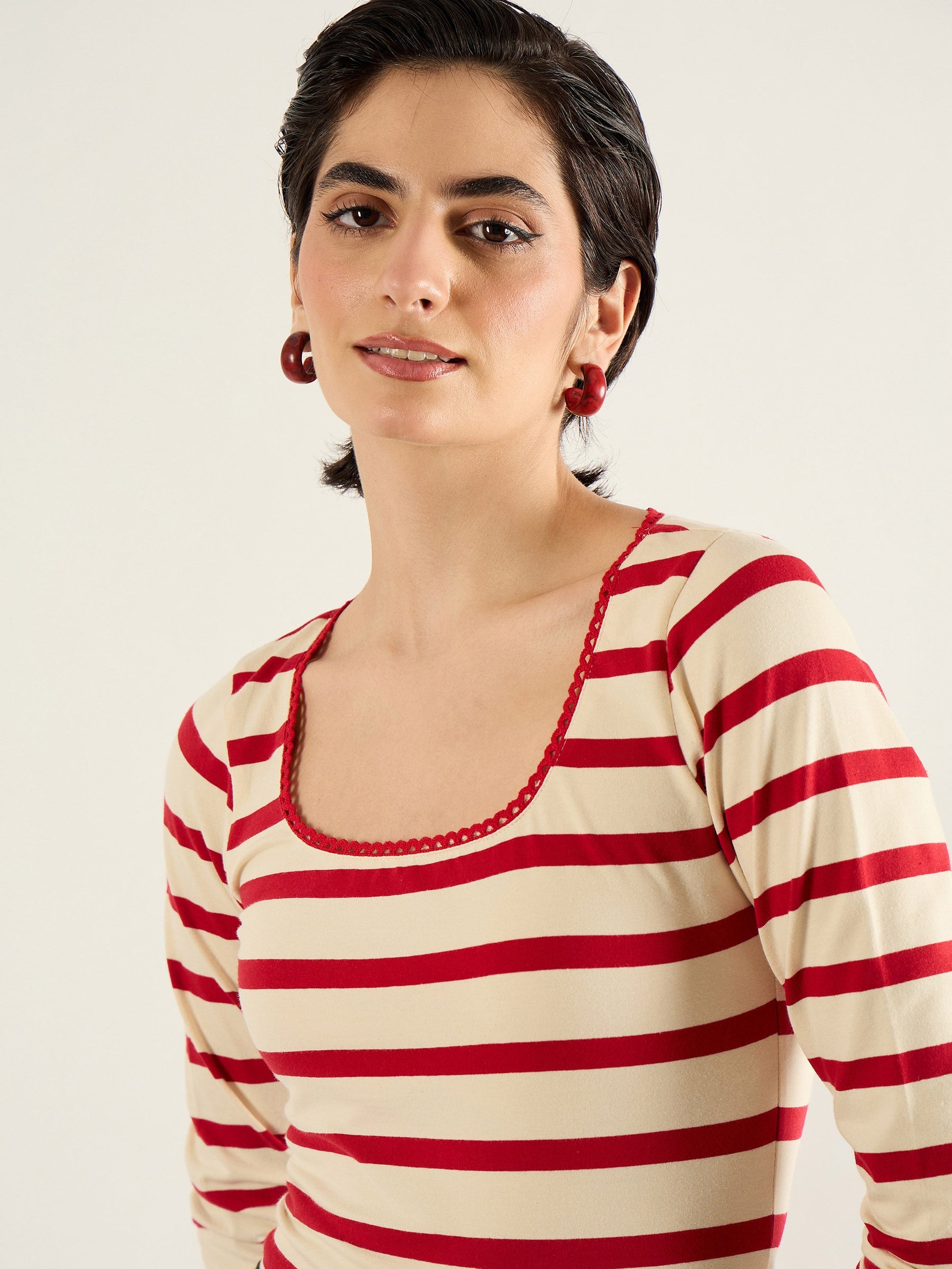 Red & Beige Striped Full Sleeve Top-SASSAFRAS