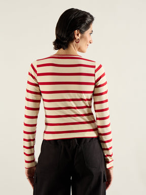 Red & Beige Striped Full Sleeve Top-SASSAFRAS