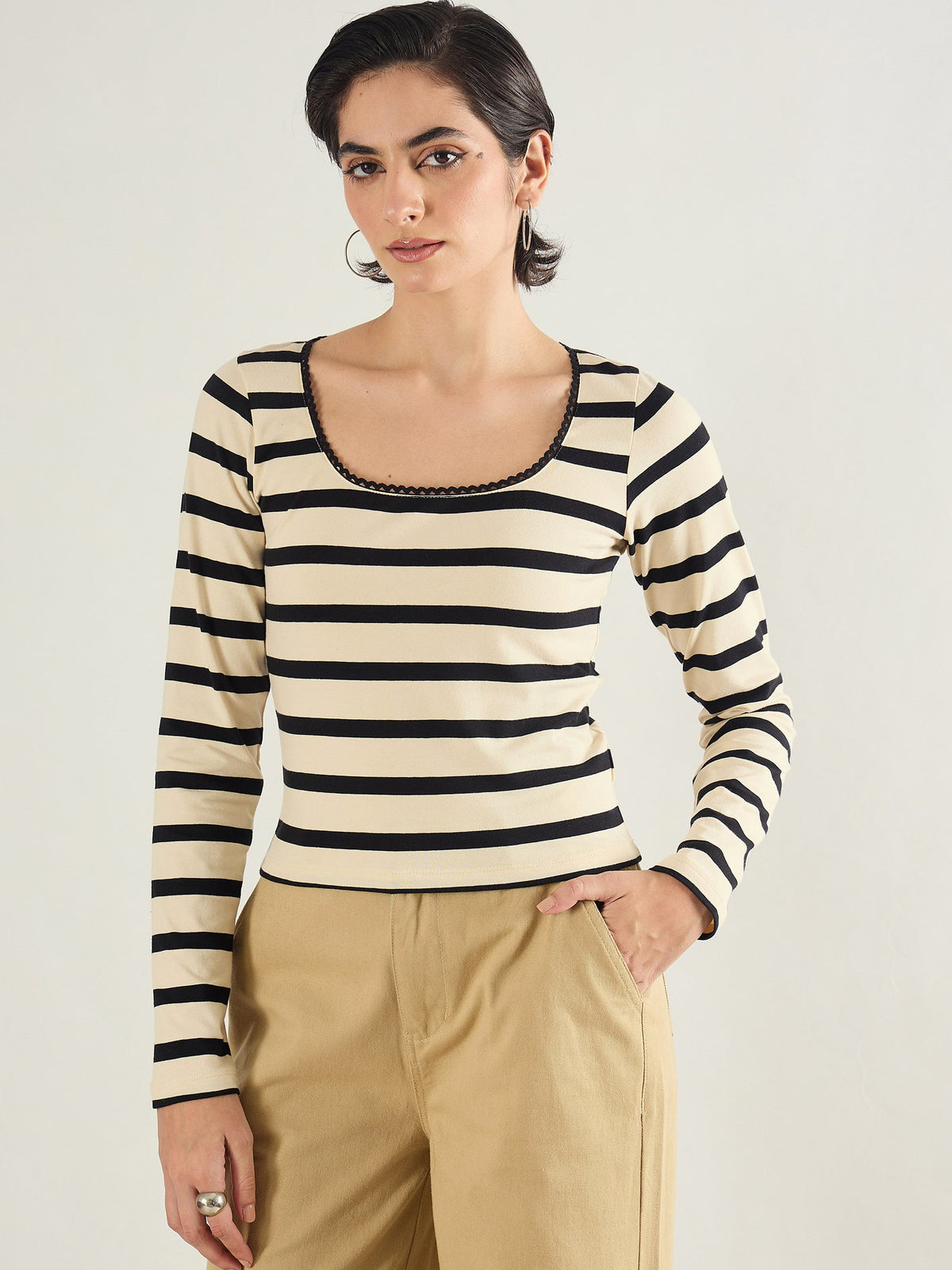 Black & Beige Striped Full Sleeve Top-SASSAFRAS