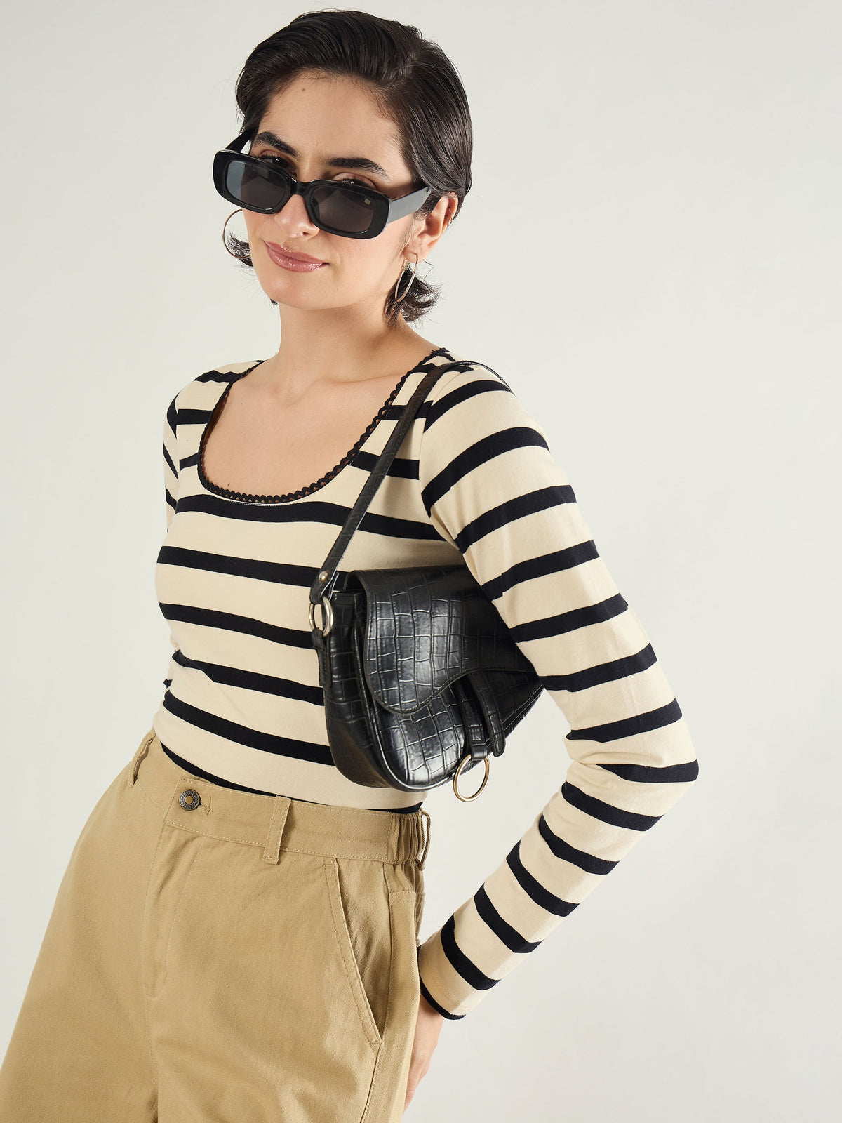 Black & Beige Striped Full Sleeve Top-SASSAFRAS
