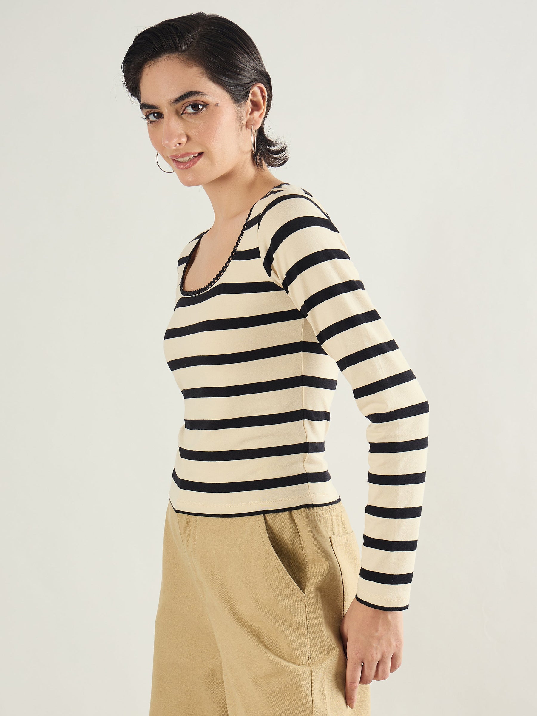 Black & Beige Striped Full Sleeve Top-SASSAFRAS