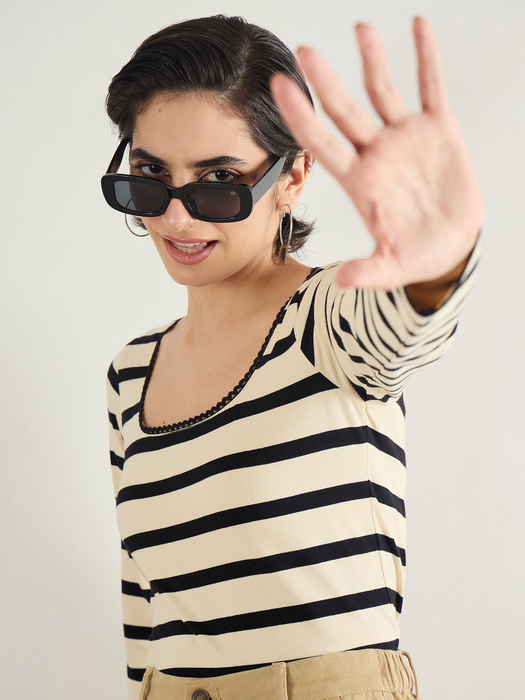Black & Beige Striped Full Sleeve Top-SASSAFRAS