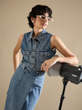 Blue Blast Denim Button Down Vest Top-SASSAFRAS