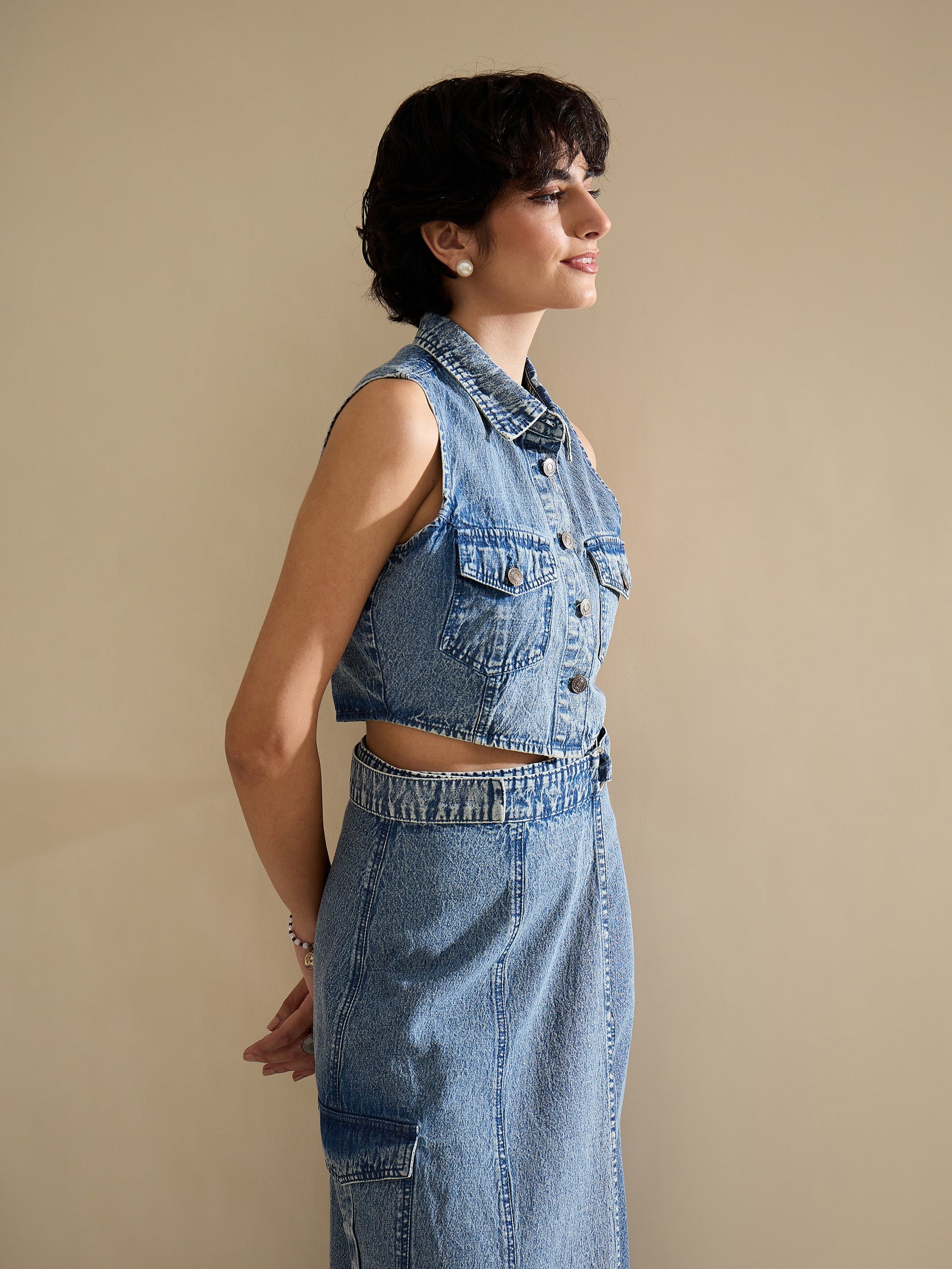Blue Blast Denim Button Down Vest Top-SASSAFRAS