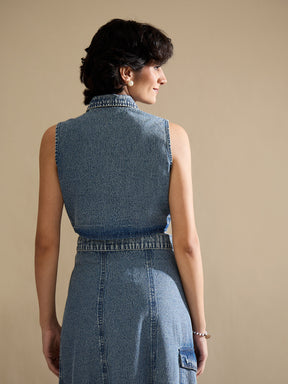 Blue Blast Denim Button Down Vest Top-SASSAFRAS
