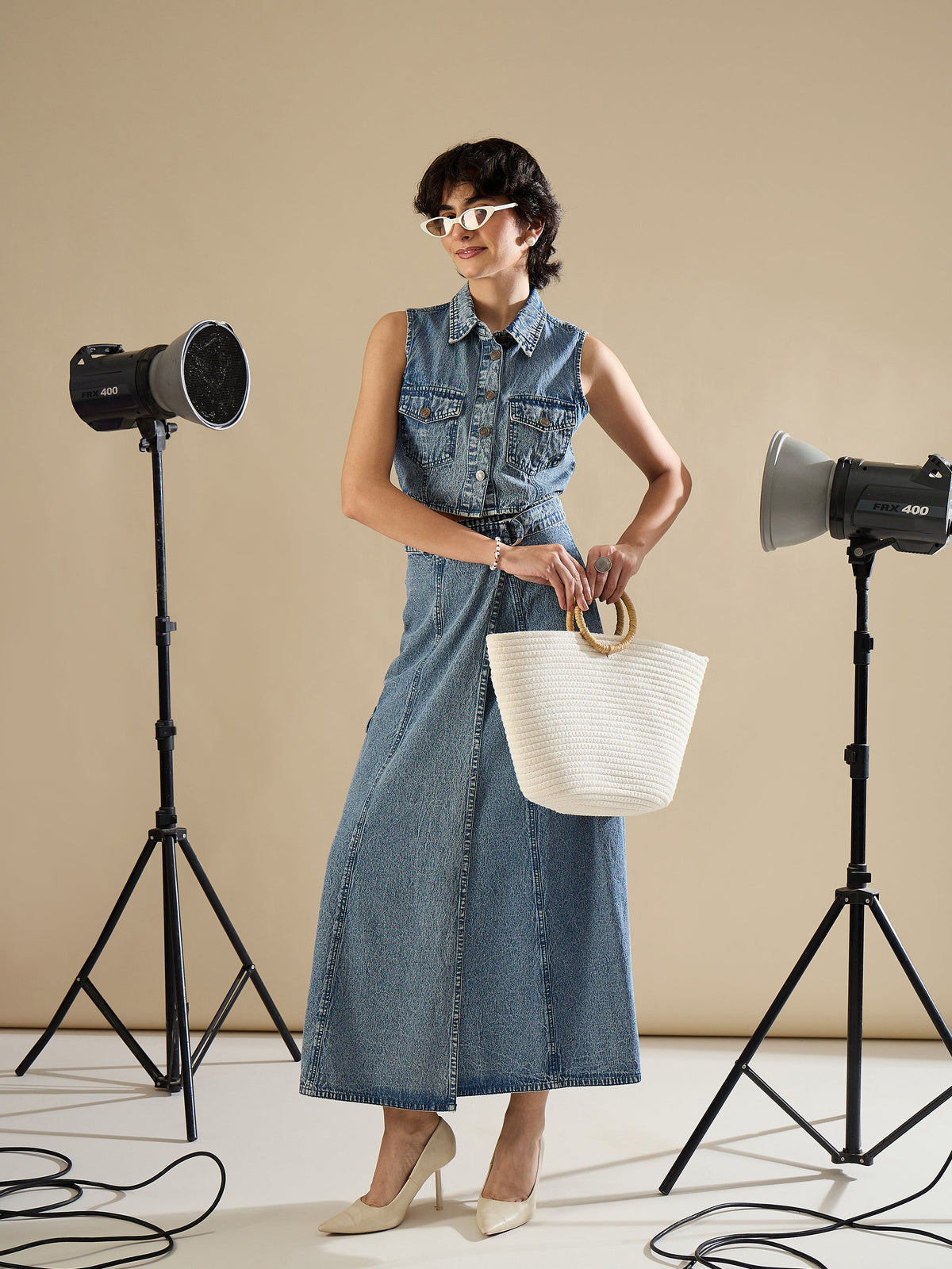 Blue Blast Denim Button Down Vest Top With Wrap Skirt-SASSAFRAS