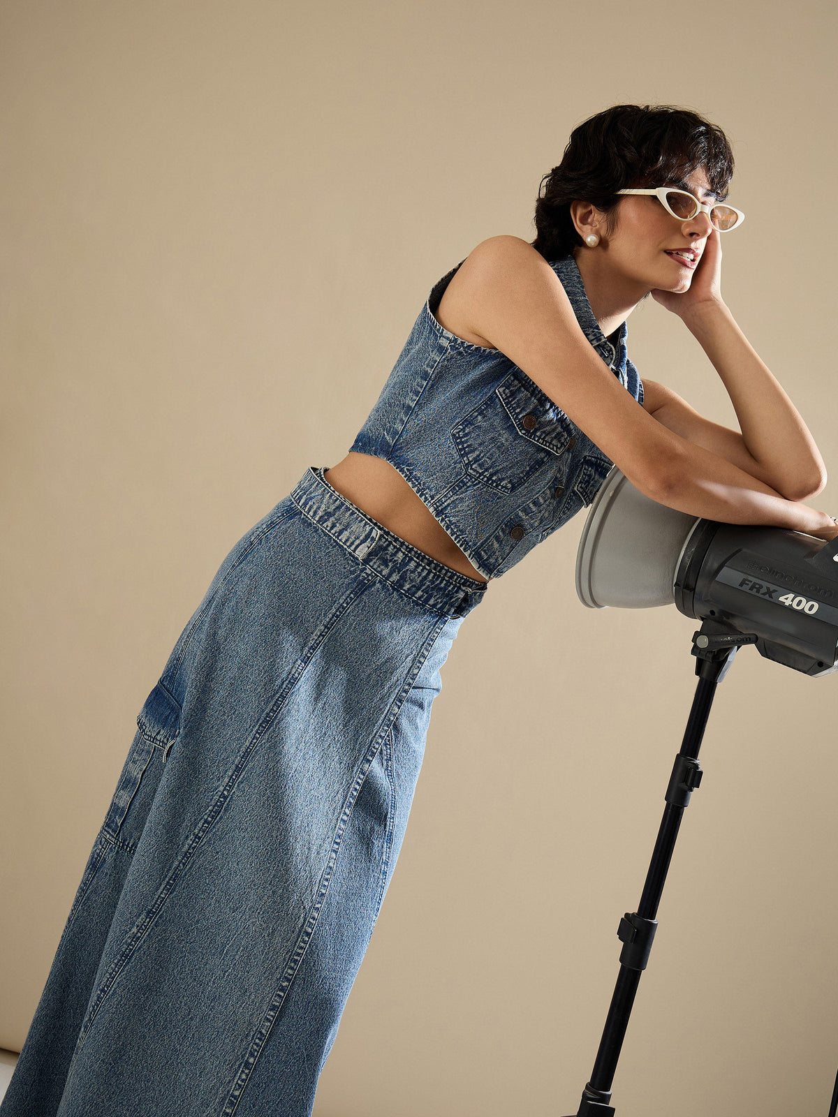 Blue Blast Denim Button Down Vest Top With Wrap Skirt-SASSAFRAS