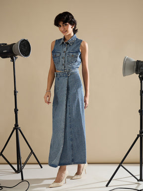 Blue Blast Denim Button Down Vest Top With Wrap Skirt-SASSAFRAS