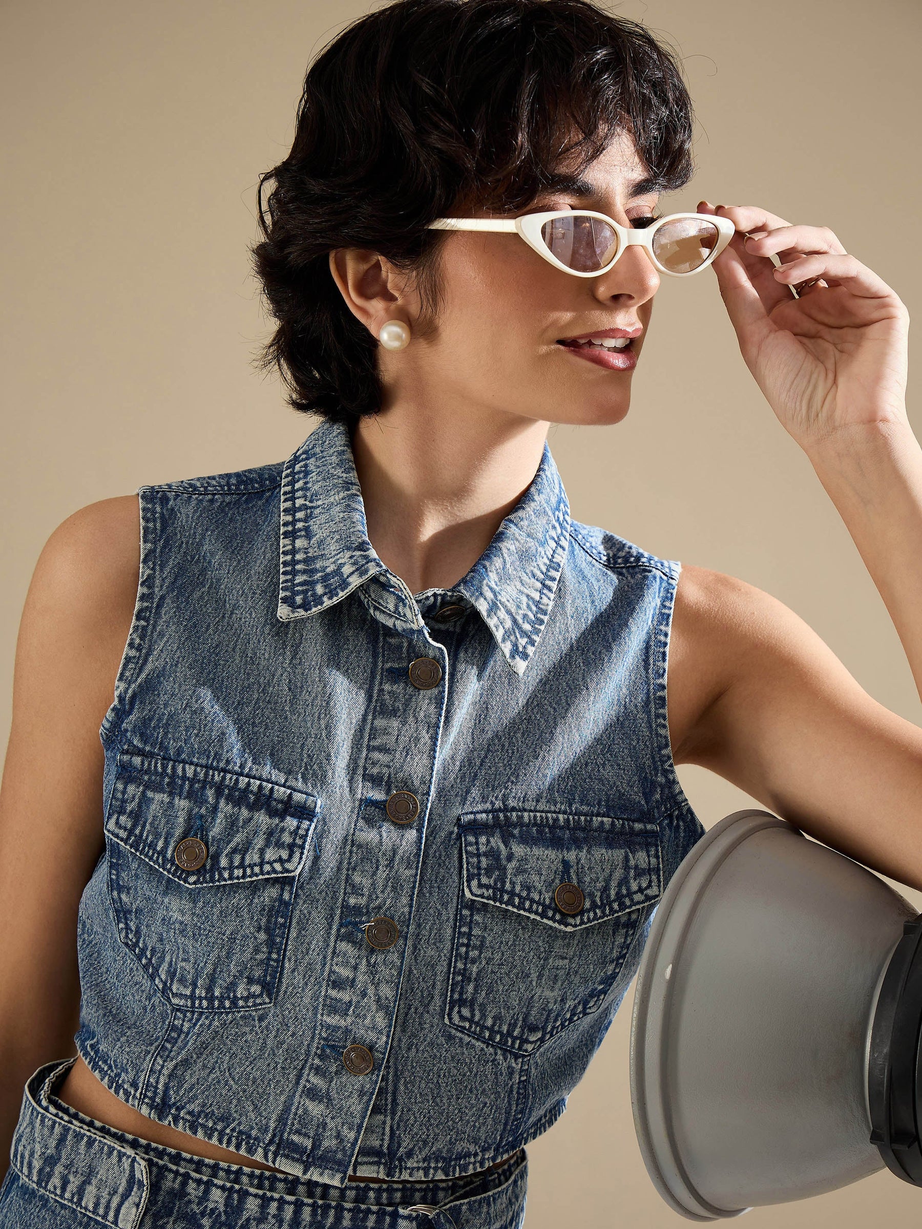 Blue Blast Denim Button Down Vest Top With Wrap Skirt-SASSAFRAS