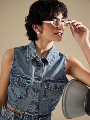 Blue Blast Denim Button Down Vest Top With Wrap Skirt-SASSAFRAS