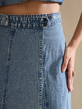 Blue Blast Denim Button Down Vest Top With Wrap Skirt-SASSAFRAS