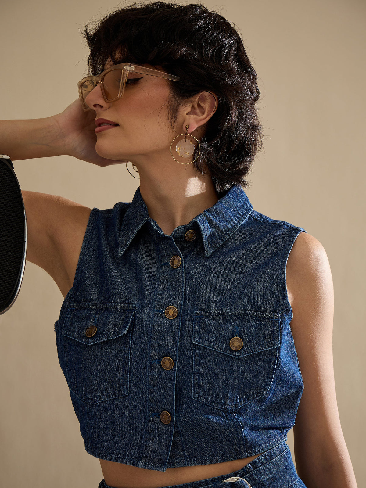 Navy Washed Denim Button Down Vest Top-SASSAFRAS