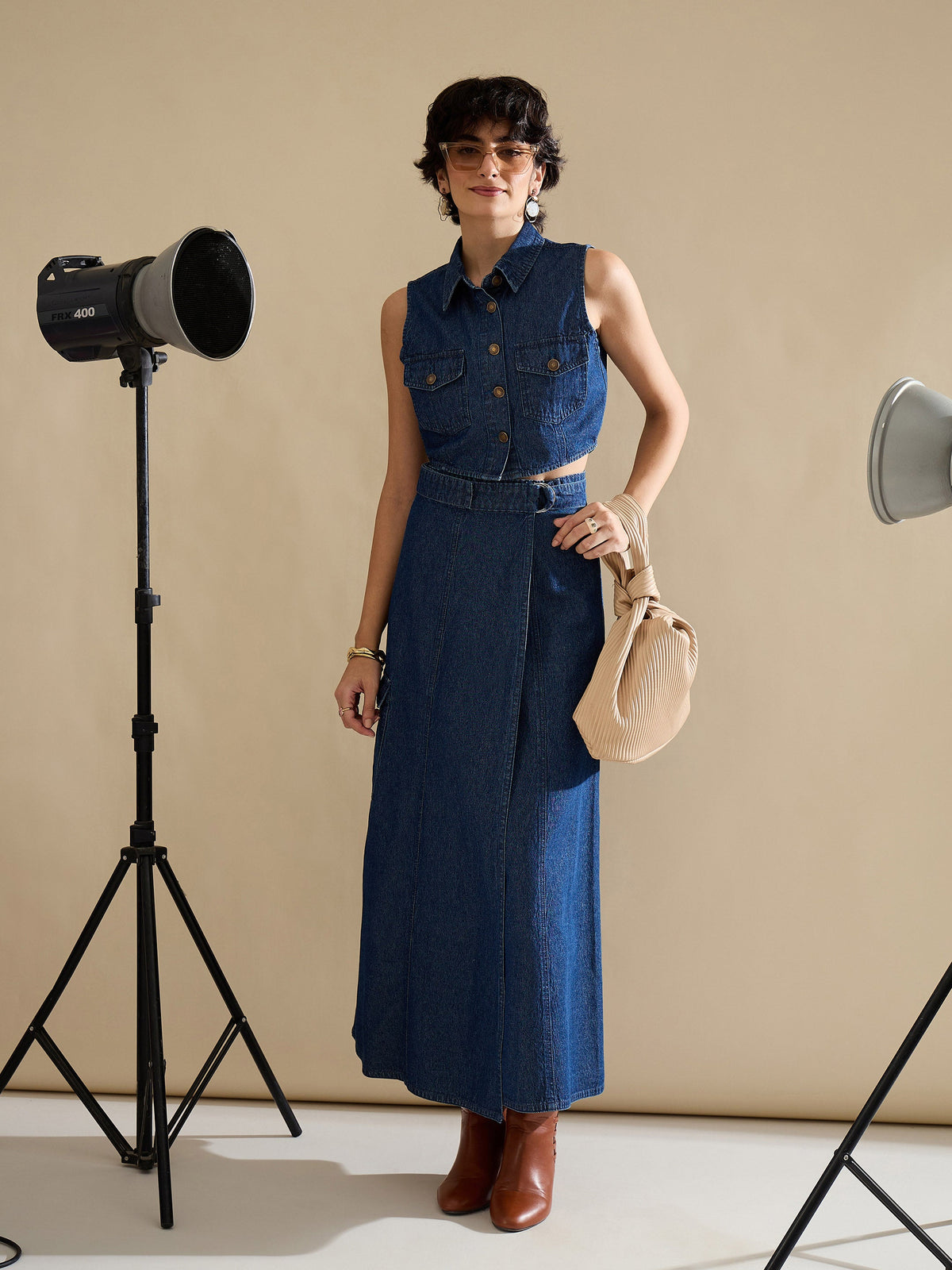 Navy Washed Denim Button Down Vest Top-SASSAFRAS
