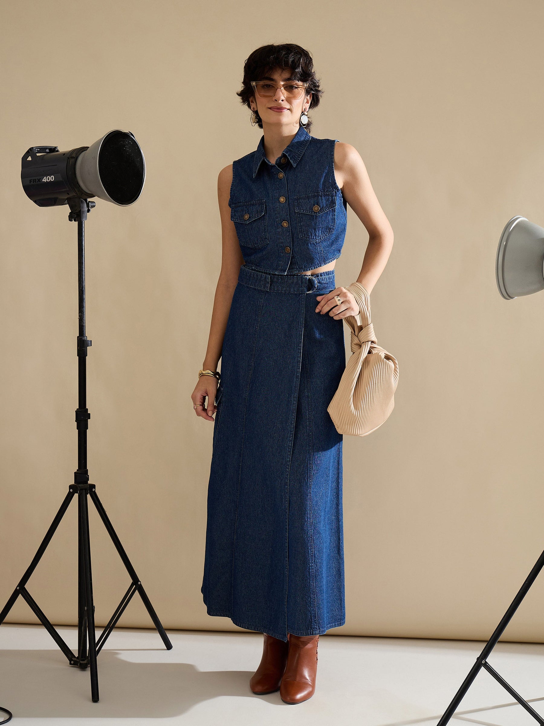 Navy Washed Denim Button Down Vest Top-SASSAFRAS