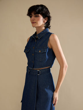 Navy Washed Denim Button Down Vest Top-SASSAFRAS