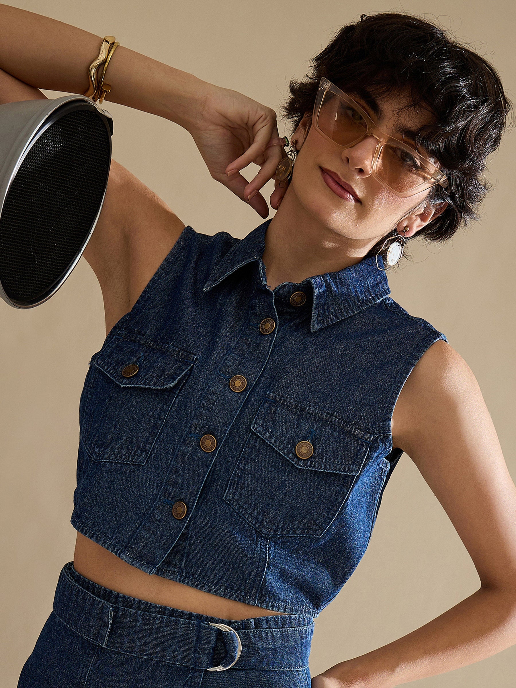 Navy Washed Denim Button Down Vest Top-SASSAFRAS