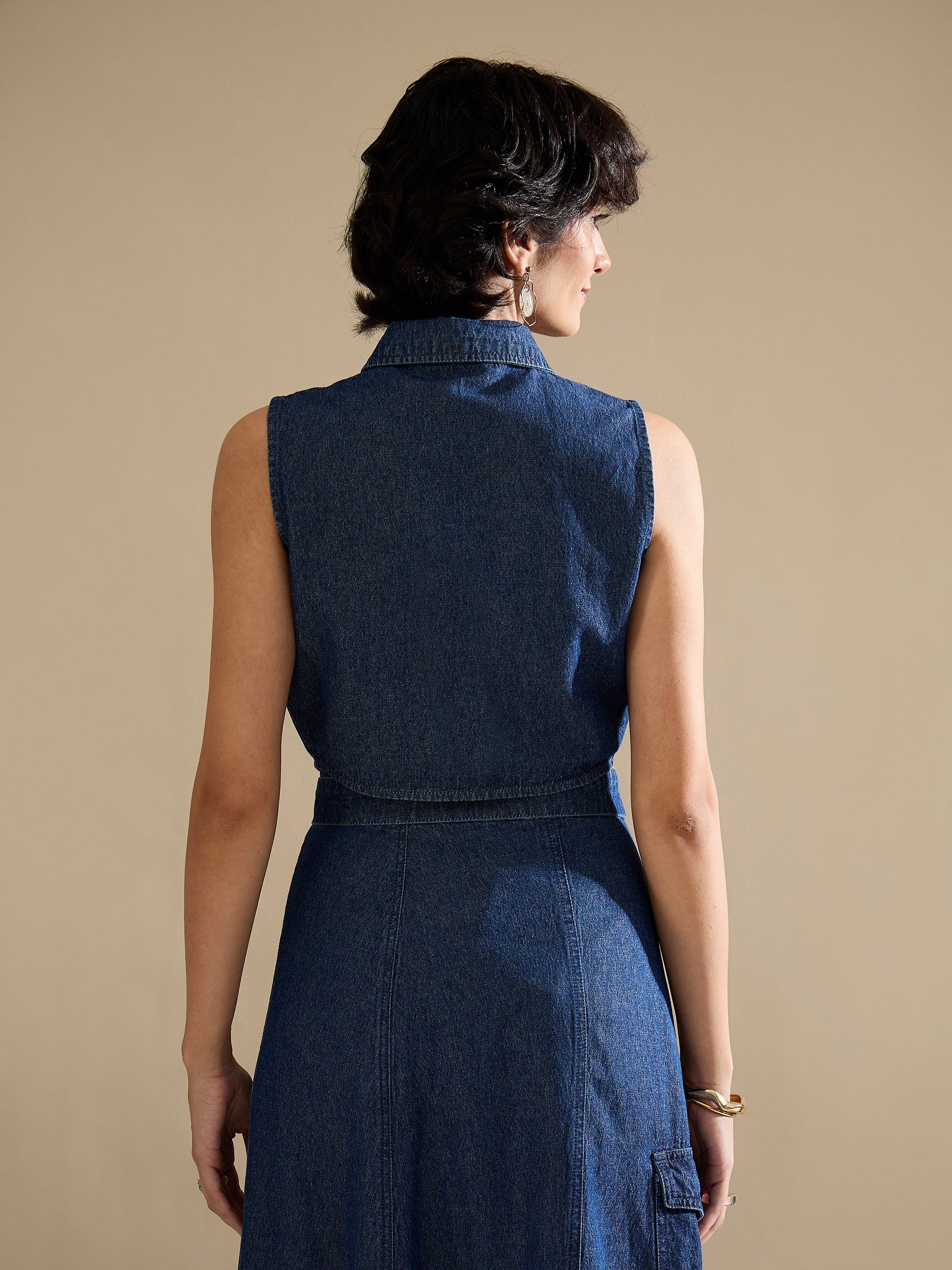 Navy Washed Denim Button Down Vest Top-SASSAFRAS
