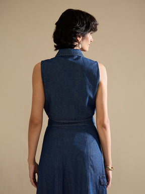 Navy Washed Denim Button Down Vest Top-SASSAFRAS