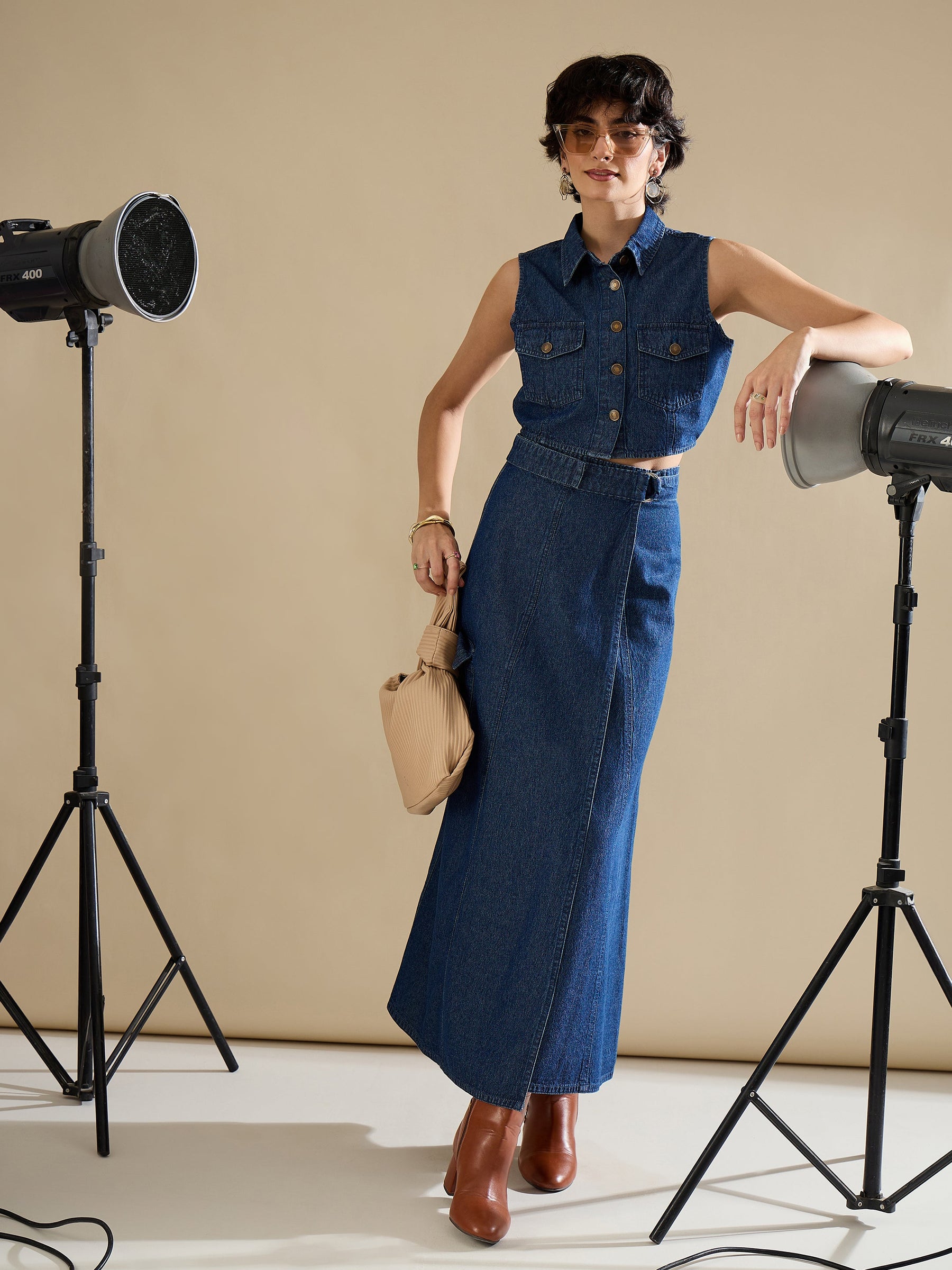 Navy Washed Denim Button Down Vest Top With Wrap Skirt-SASSAFRAS