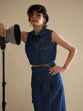 Navy Washed Denim Button Down Vest Top With Wrap Skirt-SASSAFRAS